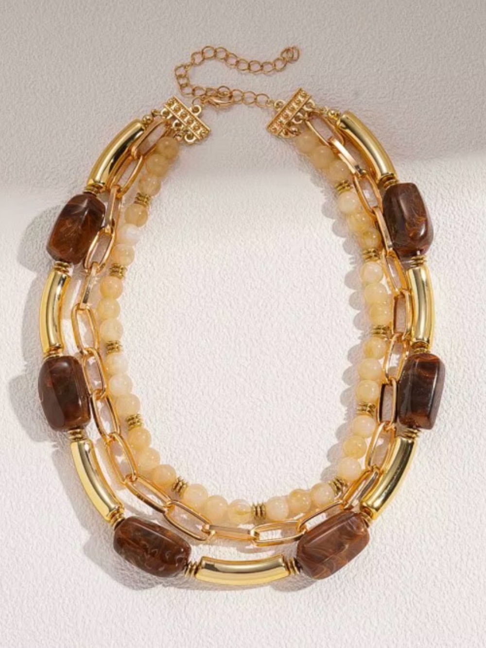 Gold-Tone Multi Strand Beige and Brown Beaded Necklace